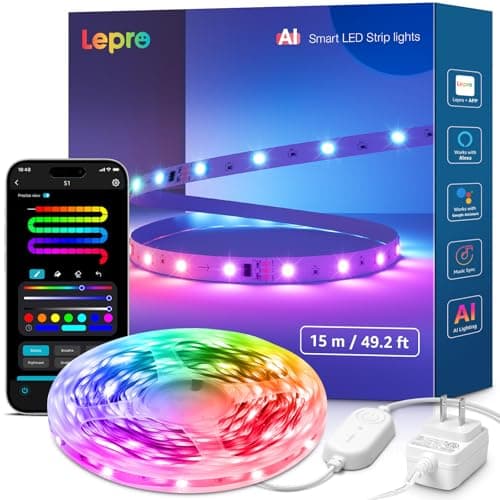 Lepro S1 AI LED Strip Lights for Bedroom - 50ft Smart RGB Light Strips with IC and Rainbow Chasing Effects, Color Segment DIY, Personalized Al Lighting Designer, No Remote, 2.4G Wi-Fi & Bluetooth
