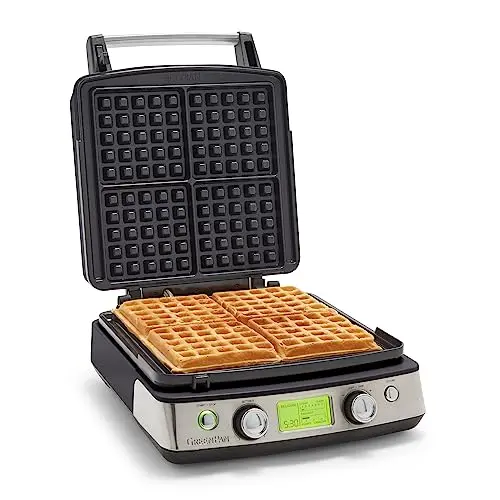 GreenPan Elite 4-Square Belgian & Classic Waffle Maker, Healthy Ceramic Nonstick Aluminum Dishwasher Safe Plates, Adjustable Shade/Crunch Control, Wont Overflow,Easy Cleanup Breakfast,PFAS-Free,Black