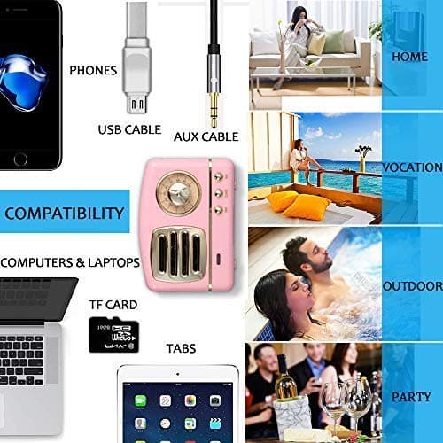 Dosmix Portable Bluetooth Stereo Speaker, Enhanced Bass Retro Wireless Vintage Speaker with TF Card Slot, Built-in Mic for Travel, Home, Beach, Kitchen for Android/iOS Devices (Pink) 7