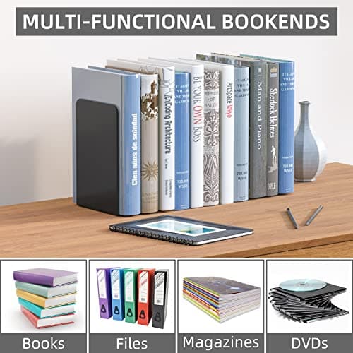 VFINE Bookends 1 Pair, Black Metal Book Ends, Heavy Bookends for Shelves, Book Stopper for Heavy Books, Book Organizer for Home Office School Supplies 7
