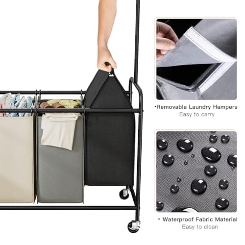 Laundry Sorter 3 Section Rolling Laundry Hamper Cart with Shelf 200L Large Laundry Basket Organizer 3 Compartment Hampers with Lockable Wheel 8