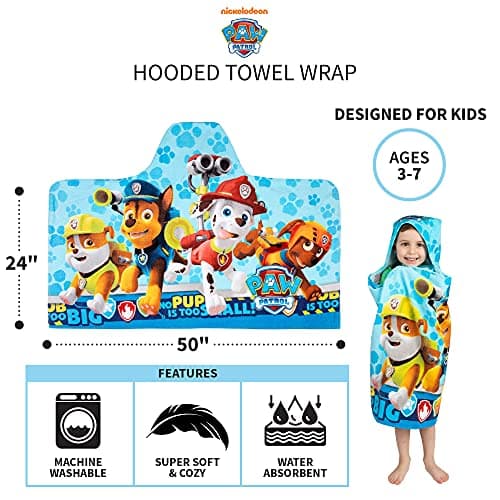Paw Patrol Blue Bath/Pool/Beach Soft Cotton Terry Hooded Towel Wrap, 24" x 50", By Franco Kids 5