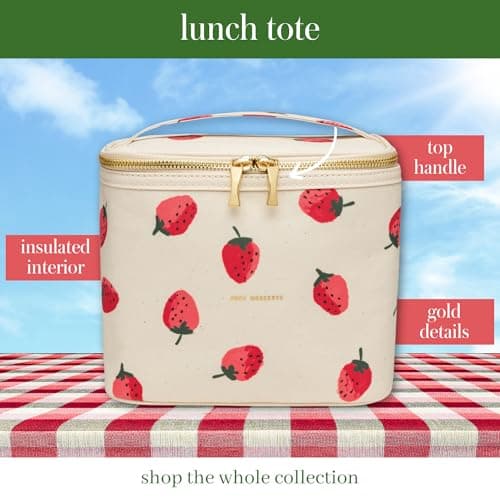 kate spade new york Beige Lunch Bag, Small Insulated Lunch Tote, Thermal Bag with Double Zipper and Carrying Handle, Strawberries 2