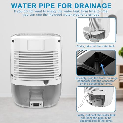 Dehumidifier with Drain Hose. Litever Small Portable Dehumidifier. Auto-OFF. Drain Hose for Continuous Drainage. Effective for Small Bathroom Pantry Closet Basement Wardrobe Gun safe RV Trailer Camper 6