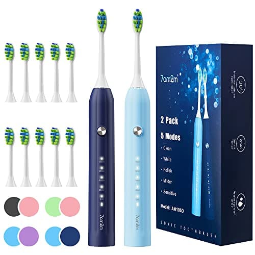7AM2M Rechargeable Sonic Electric Toothbrush 2 Pack, Soft Toothbrushes for Adults and Kids with 12 Brush Heads, IPX7 One Charge Use for 90 Days, 5 Modes with 2 Minutes Build in Smart Timer