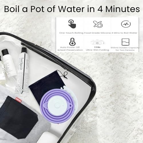 DOFQQG Collapsible Travel Kettle, Portable Electric Kettle, Travel Tea Kettle, Portable Water Boiler, Food Grade Silicone, Auto Shut off and Keep Warm, 110V 555ml (Purple) 3