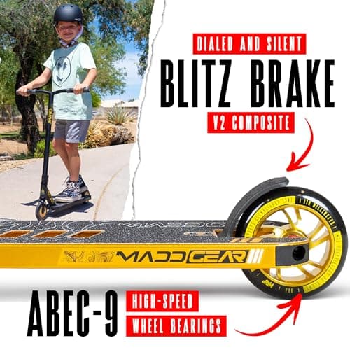 Madd Gear MG3 Elite Series Complete Trick Scooter - Aircraft Grade Aluminum Stunt Scooter for Kids 8 Years and Up - Best Pro Scooter for Beginners to Intermediate Boy and Girls (Gold/Black) 6