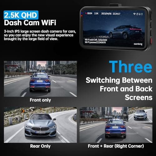 Dash Cam Front and Rear, Dash Camera for Cars WiFi/APP Control Dual Dashcam W/ 64GB Card, 2.5K Dash Cam Front+1080P Rear Car Camera W/Super Night Vision, Loop Recording, G-Sensor, Max Support 256GB 7