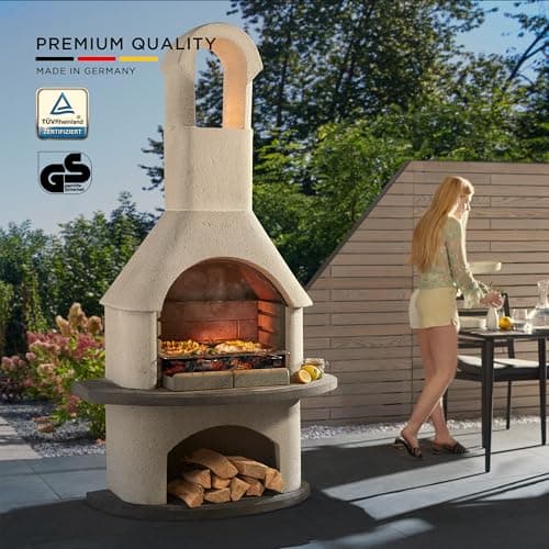 BIG HORN PRIME Concrete Outdoor Fireplace with Grill, Wood Burning Fireplace with Wood Storage and Chimney, Include Grill Rack & Charcoal Pan, 79.9”H 8