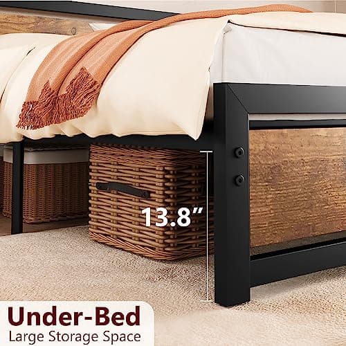 coucheta Full Size Bed Frame with Headboard, Industrial Platform Full Size Bed Frame Easy Assemble, No Box Spring Needed Full Bedframe Mattress Foundation Retro Brown, Full 6