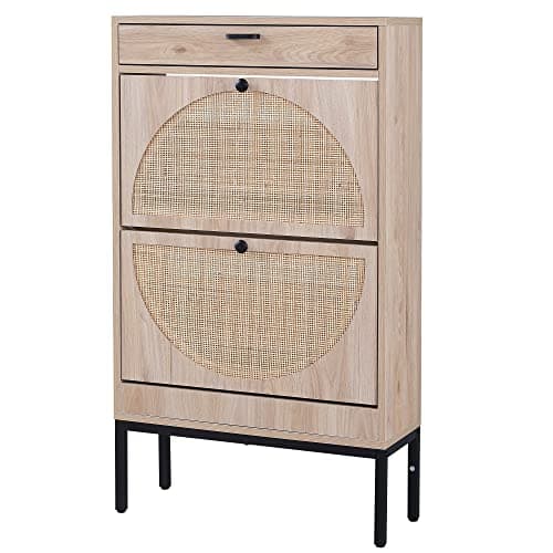 Brafab Shoe Storage Cabinet with 2 Flip Drawers&1 Small Drawer, Slim Entryway Shoe Organizer with Half Round Woven Rattan Doors for Sneakers… 9
