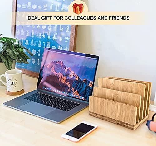 Stahala 100% Bamboo Desk File Organizer Countertop Mail Sort,4 Slots Desktop File Folder Holder Mail Organizer for Document Letter Envelope Mail Paper Folder Bill Filing… 5