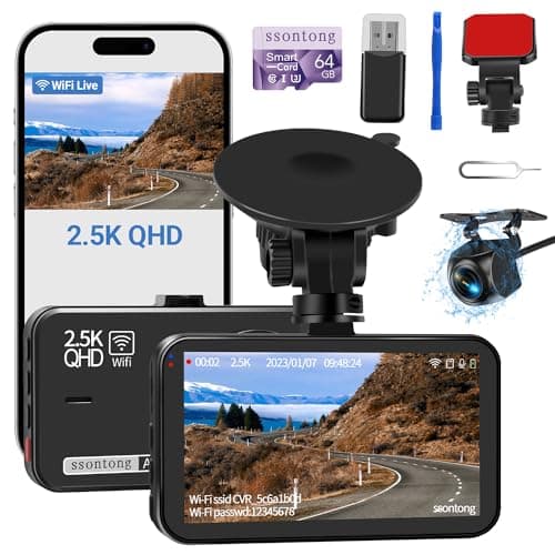 Dash Cam Front and Rear, Dash Camera for Cars WiFi/APP Control Dual Dashcam W/ 64GB Card, 2.5K Dash Cam Front+1080P Rear Car Camera W/Super Night Vision, Loop Recording, G-Sensor, Max Support 256GB 8