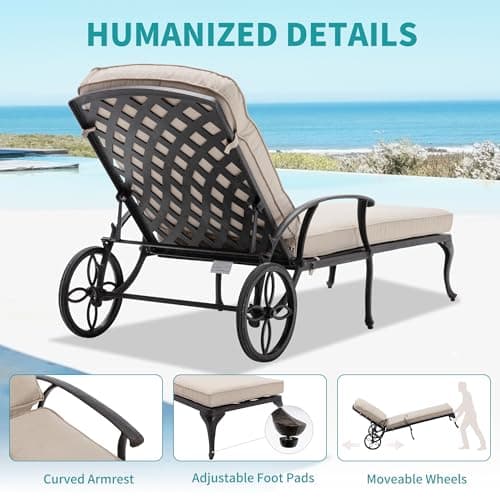HOMEFUN Chaise Lounge Chair Outdoor - Poolside Chairs Set of 2 with Cushion Cast Aluminum Waterproof Lounger with Wheels and Adjustable Reclining, Pack of 2 (Beige Cushion) 5