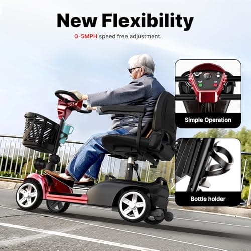 iScooter 4 Wheels Mobility Scooter, Up to 300LBS Mobility Scooter for Seniors & Adults, Foldable Electric Wheelchair Device, LED Headlight, Basket, Cup Holder,Long Range,USB Charging 5