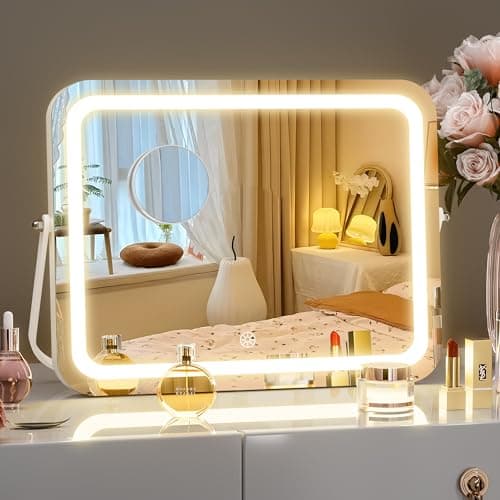 Hasipu Vanity Mirror with Lights, 14" x 10" LED Makeup Mirror, 3 Modes Light, Smart Touch Control Dimmable, 360°Rotation, Rectangle White Frame, with 5X Magnifying Glass 8