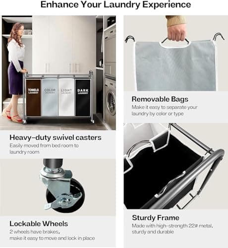 ROMOON Laundry Hamper Sorter Cart: 4-Section Organizer with Heavy-Duty Lockable Wheels and Removable Bags | 172L Rolling Laundry Basket for Dirty Clothes in Laundry Room or Small Spaces (Multicolor) 5