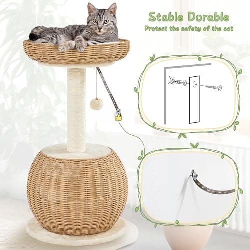 Yaheetech Cat Tree, 29.5in Rattan Cat Tower for Indoor Cats w/Scratching Post, Woven Cat Condo and Soft Cushion Top Perch, Aesthetic Cat Tree for Kittens 6