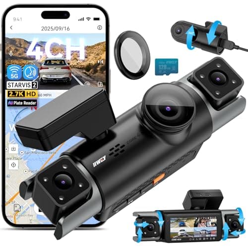 IIWEY 4 Channel Dash Cam 360° View, STARVIS 2 Front 2.7K Rear 2K Inside 1080P x2, 8IR LEDs Night Vision 3.0, PlateTag AI for Plate Clarity, 5GHz WiFi GPS, Voice Control, 24/7 Parking Mode, 128GB Card