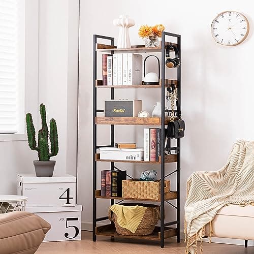 HCHQHS Adjustable 6 Tier Open Bookcase, Rustic Farmhouse Book Shelves, Industrial Wood and Black Metal Bookshelves, Mid Century Bookcase for Home Office Living Room Bedroom 6