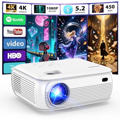 [Smart OS/1080P Native] 2K with WiFi and Bluetooth 1080P Native 4K Support 450ANSI Built-in Apps Smart Android TV OS Projector, WiFi 6, Bluetooth 5.2 & Digital Keystone Projector, White