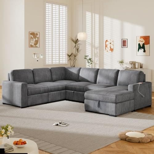 U-shaped U-shaped corduroy modular corner sofa with storage leisure chair, 6-seater extra-large sofa, USB interface, suitable for living rooms, offices and spacious spaces: multifunctional, fashionabl