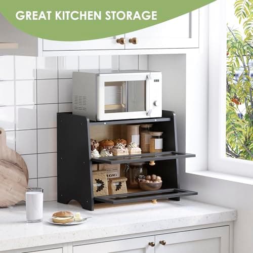 JANSNIMEN Double Layer Bread Box for Kitchen Countertop, Large Breadbox Bread Container Storage with Acrylic Door, Wooden Farmhouse Bread Holder (Black, Medim-15.7" L x 9.5" W x 13" H) 5