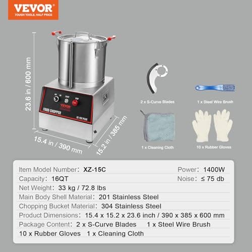 VEVOR Food Processor & Vegetable Chopper, 16 Quart, 1400W Food-Grade Stainless Steel Food Processor Chopper with 2 Extra S-Curve Blades, Multifunctional for Chopping Vegetables, Grains, Nuts 7