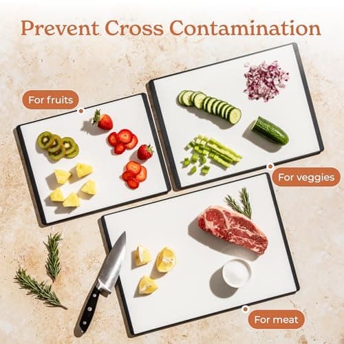 SMIRLY Plastic Cutting Board Set with Holder 3 Pieces, Non-Slip Dishwasher Safe Chopping Boards for Kitchen, Black & White 6