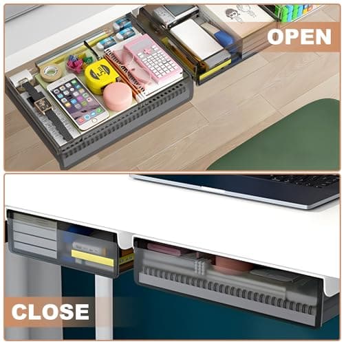 SVNNELP Under Desk Table Drawer Storage Organizer,2 Pack Large & Medium Slide Out Desk Drawers - Hidden Desktop Organizer,Attachable Pencil Storage Tray Under Table(ML) 6