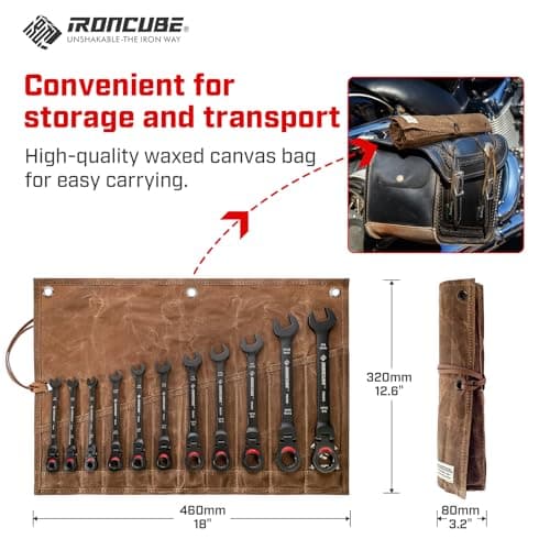 ironcube Black Ratcheting Combination Wrench Set: 11-Piece SAE 1/4–3/4 Inch – 180° Flex Head & 72-Tooth – CR-V Steel – Retro Waxed Canvas Roll for Motorcycle & Automotive Repair Tools 5