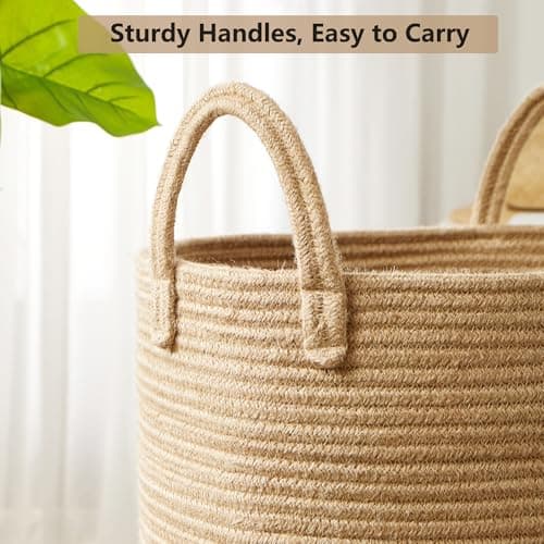 MOJOSCEND 15Dx20H inches Jute Woven Hamper Laundry Basket Wicker Rope Clothes Hamper for Baby Nursery Kids Tall Rattan Blanket Basket in Living Room Bedroom 62L Large Capacity 5