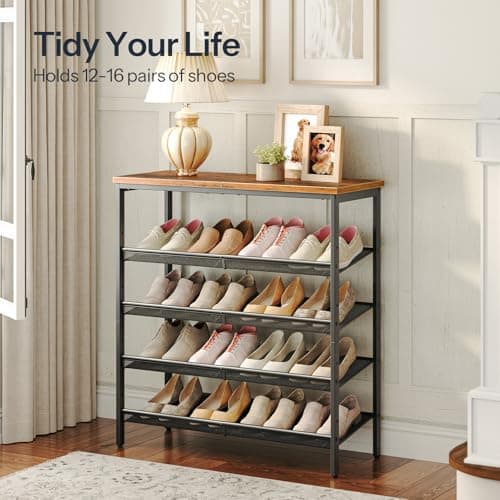 HOOBRO Shoe Rack for Entryway, 5-Tier Shoe Organizer with Adjustable Mesh Shelves, 16-20 Pairs of Shoes, Spacious Floor Mount, Metal, Industrial, Shoe Shelf for Closet, Rustic Brown BF12XJ01 5