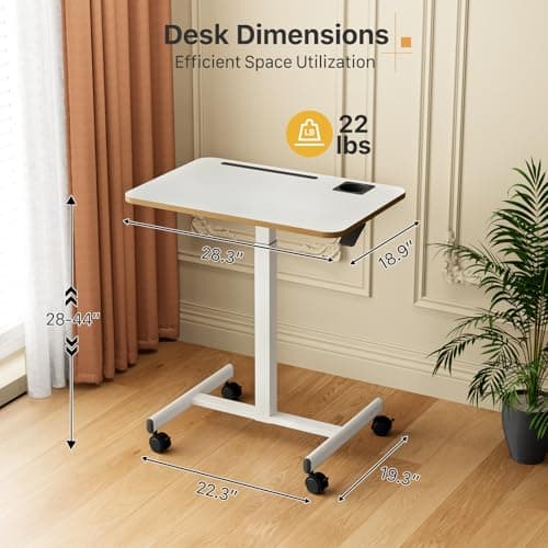 Liftsync Mobile Standing Desk, Rolling Laptop Cart Adjustable Height with Cup Holder, 28 inch Portable Table with 4 Lockable Wheels, White Computer Workstation with Hook and Slots for Home Office 6