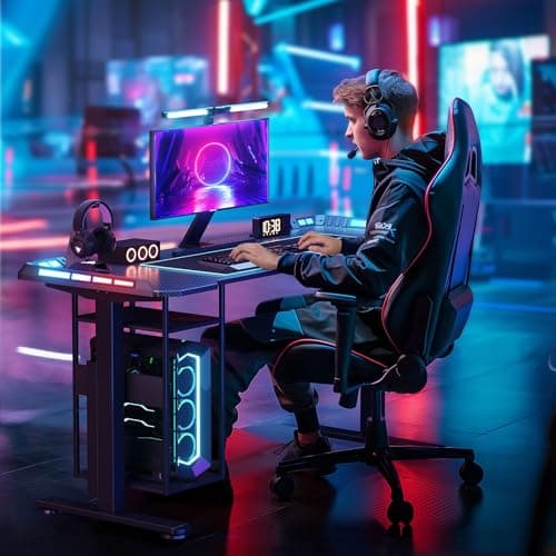 Gaming Standing Desk with LED Lights & Host Shelf, 55" x 24" Gaming Table with Music Sensing APP Control, Underdesk Cable Storage Electric Standing Desk, Black Carbon Fiber PC Table for Home Office 7