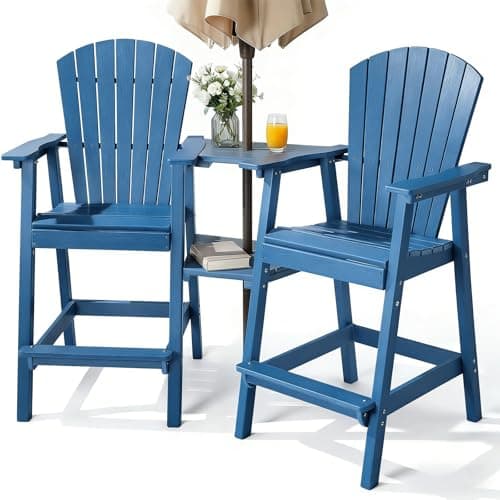 PASAMIC Tall Adirondack Chairs Set of 2, All-Weather HDPE Patio Chairs with Double Connecting Trays, Bar Height Heavy-Duty Outdoor Chairs for Garden, Backyard, Balcony, Blue