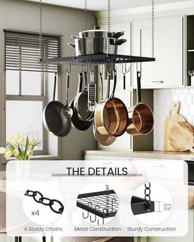 CHOEZON Hanging Pot Rack, Ceiling Mounted Pot Hanger for Kitchen, Metal Cookware Storage Organizer with 12 Hooks, for Storage of Cookware, Utensils in Kitchen, 23.7" L, Black TPR03BB 7