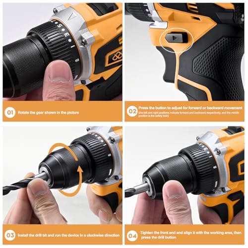 Aowei 20V Brushless Cordless Drill/Driver, Compact Power Drill Set, Yellow Rechargeable Lithium-Ion Drill Kit, including 2.0Ah Battery, Charger and 3/8-inch Keyless Chuck 7