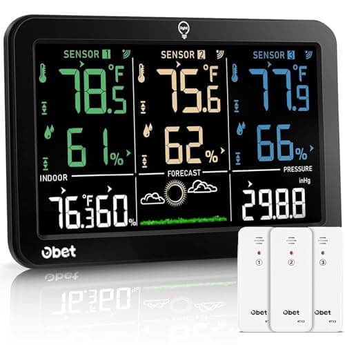 OBET Weather Station Wireless Indoor Outdoor Thermometer Wireless, Color Display Digital Temperature and Humidity Monitor with 3 Sensors, Alerts, Adjustable Backlight, USB Port (500 Feet)