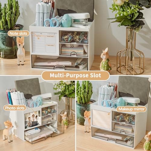 QIYVLOS Desk Organizer with 3 Drawer, Multi-Functional Pencil Pen Holder for Desk, Desk Organizers and Storage with 8 Compartments, Desktop Organizer for Office Home Art Supplies (White) 5