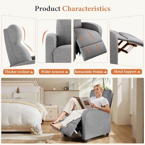 Sweetcrispy Recliner Chair Fabric Recliner Sofa No Massage, Home Theater Seating with Lumbar Support, Adjustable Push Back Overstuffed High-Density Sponge Reclining for Living Room, Slate Gray 5