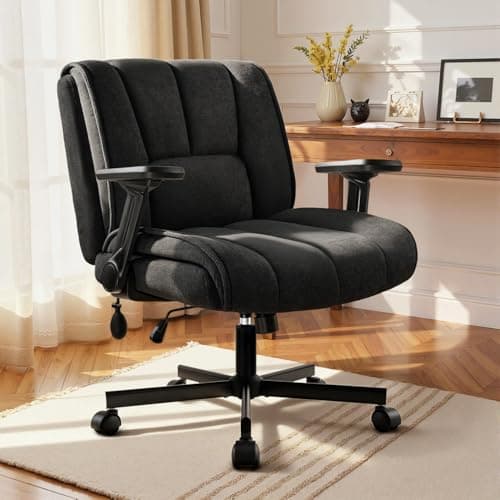 OFIKA Criss Cross Chair with Wheels,Cross Legged Office Chair,Wide Criss Cross Chair with Flip-Up Arms & Extra-Deep Seat Thickened for Office Chair,Plush Cushion,Cute,Comfy,Black