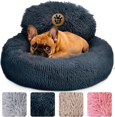 PetJett Small Dog Bed - 23'' Round Dog Beds, Calming Puppy Bed - Anti-Slip & Washable Super Soft Fluffy Plush Faux Fur Pet Bed, Anti-Anxiety Premium Comfort Donut Bed, Fits Dogs upto 25 lbs, Dark Gray