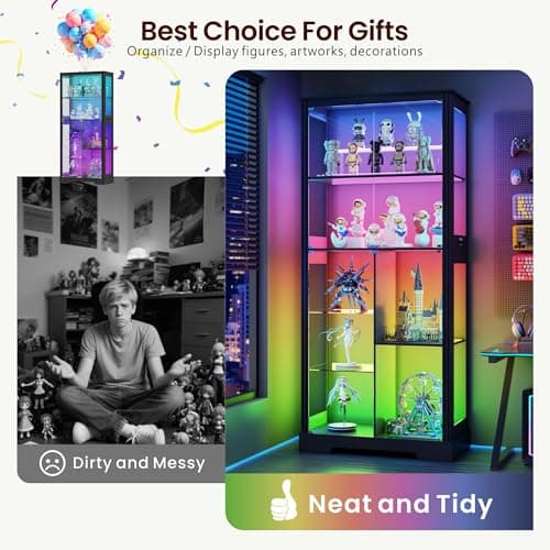 71” Glass Display Cabinet with RGB Light - Curio Cabinet with Glass Doors for Collectibles, 7-Tiers Tall Display Case with Human Sensor, Showcase with Removable Shelves for Figures, Lego (Black) 9