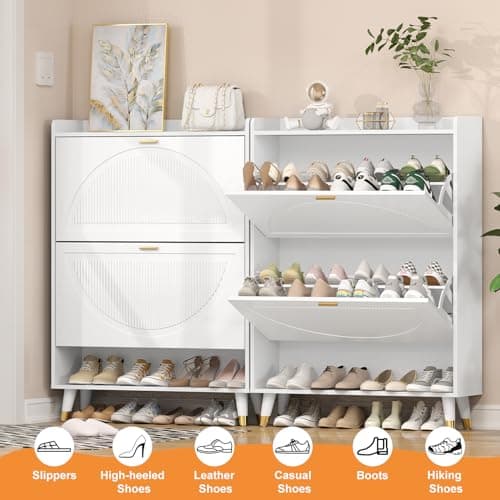 Wakefit Shoe Storage Cabinet for Entryway Slim, Shoe Organizer Cabinet with Doors, 2 Flip Drawer Shoe Cabinet Hidden, Ultra Thin Shoe Cabinet Wood （White-FrozenWhite） 5
