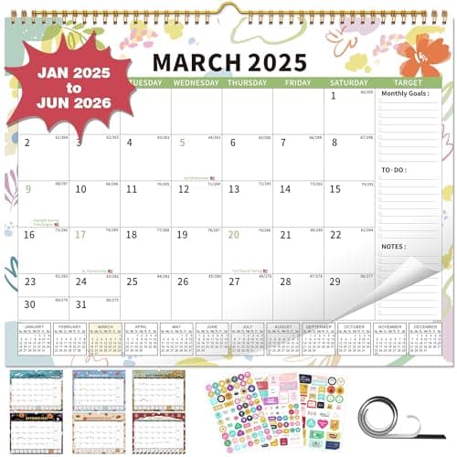 2025 Calendar, 18 Month Wall Calendar 2025-2026 Hanging Spiral Bound Magnetic Fridge Desk Calendars 15" x 12", Jan 2025 - Jun 2026