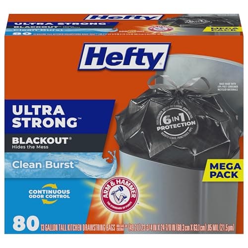 Hefty Ultra Strong Trash Bags, Black Tall Kitchen Trash Bags 13 Gallon Size, Break Resistant Drawstring Enclosure, Continuous Odor Control, Blackout, Clean Burst Scent, 80 Bags