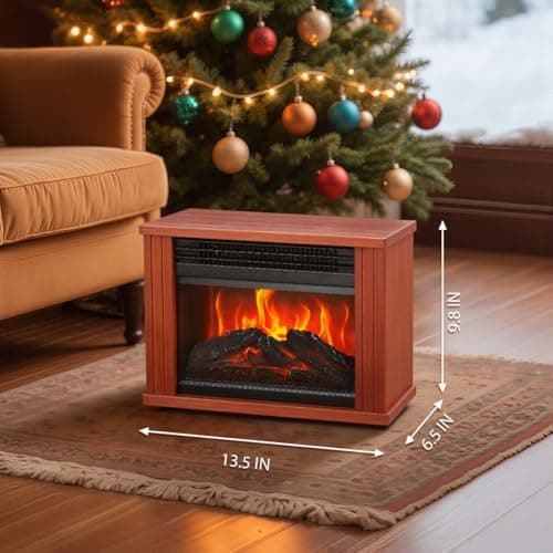 Small Electric Fireplace Heater, LifePlus Mini Wooden Space Tabletop Fireplace with 3D Realistic Flame Effect, Cool and Safe to Touch, Perfect for Study Bedroom Office, Overheating Protection, 1500W 7