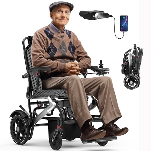 Electric Wheelchairs for Adults, Power Motorized Foldable Wheelchairs for Seniors Support 350 LBS, Only 36LBS Weight,15 Miles Range, Airline Approval & 500W Brushless Motors& LED Light-SiIver CoIor