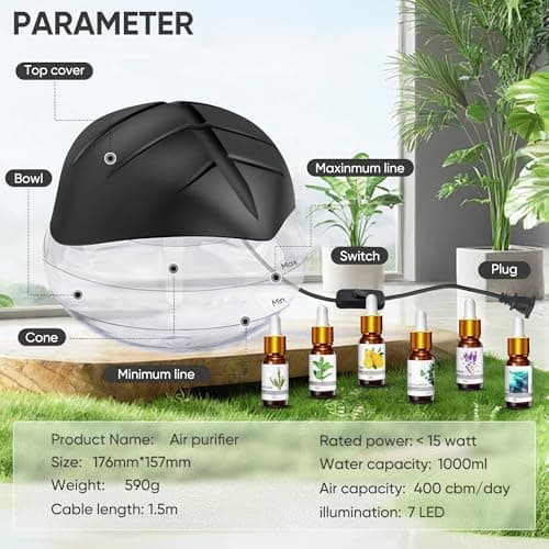 Water Based Air Purifier for Home with Essential Oil Diffuser and Humidifier Function, Rainbow Air Washer with LED Night Light, Freshener for Smoke and Pet Odors, Includes 6x10ml Essential Oils 6